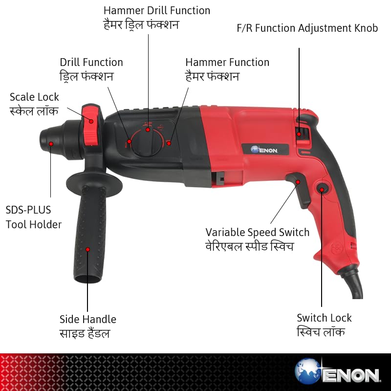 ENON 26Mm Hammer Drill Machine 800W, Reversible & Variable Speed Hammer Drill With Three Functions, 1100 Rpm With Drill Chuck Adaptor & Screwdriver Bits, Heavy Duty (Xe-2261), Red & Black ENON 26Mm Hammer Drill Machine 800W, Reversible & Variable Speed Hammer Drill With Three Functions, 1100 Rpm With Drill Chuck Adaptor & Screwdriver Bits, Heavy Duty (Xe-2261), Red & Black